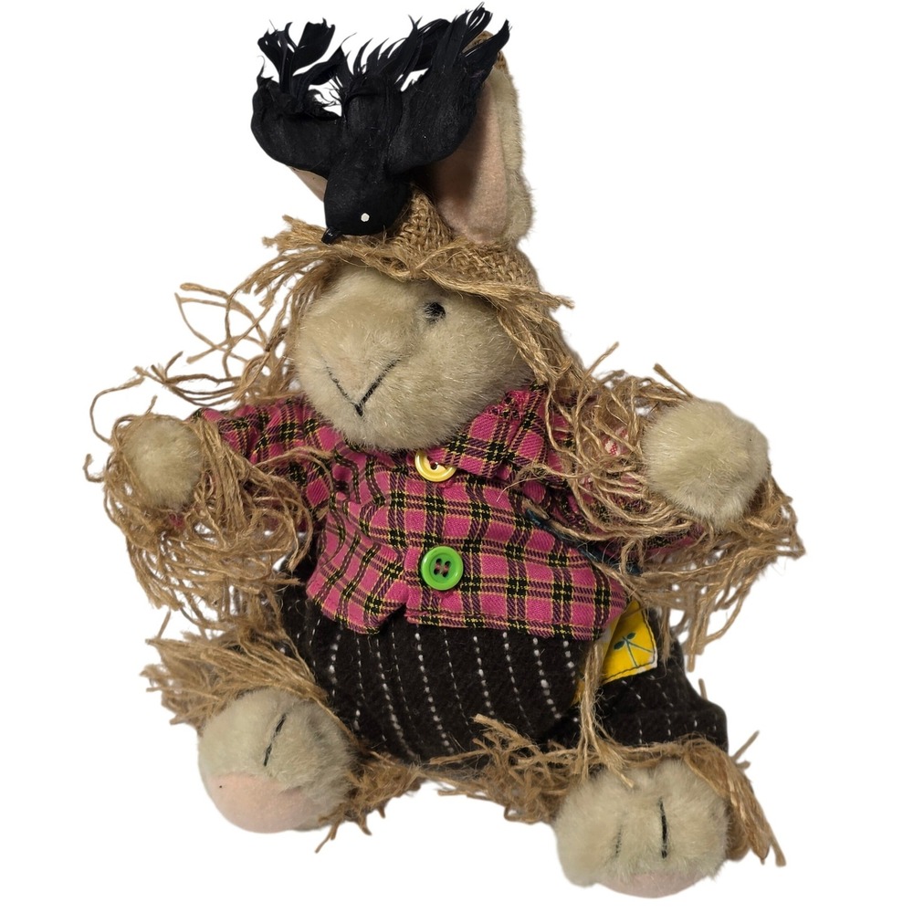 Vintage Style Scarecrow Bunny Plush Doll Pink Plaid Shirt Burlap Hat Black Bird
